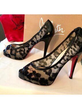 Christian Louboutin Ambro Pizzo Black Lace Patent Leather Peep-Toe Heels  6.5